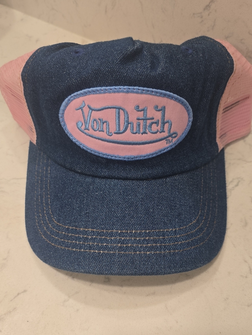 Von Dutch Denim Trucker Hat with Pink Mesh and Pink And Blue Patch